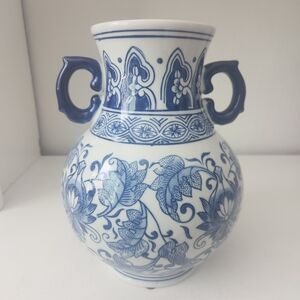 Blue and White Floral Chinoiserie Ceramic Vase - Decorative Home Art